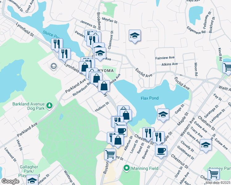 map of restaurants, bars, coffee shops, grocery stores, and more near 426 Broadway in Lynn
