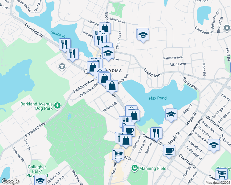 map of restaurants, bars, coffee shops, grocery stores, and more near 409 Broadway in Lynn