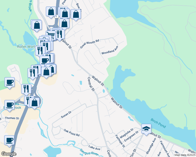 map of restaurants, bars, coffee shops, grocery stores, and more near 267 Walnut Street in Saugus