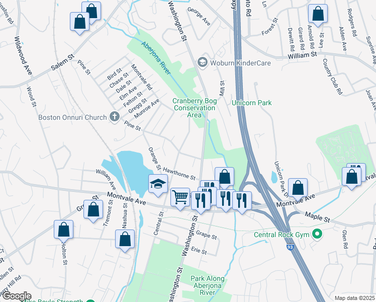 map of restaurants, bars, coffee shops, grocery stores, and more near 2 Central Street in Woburn