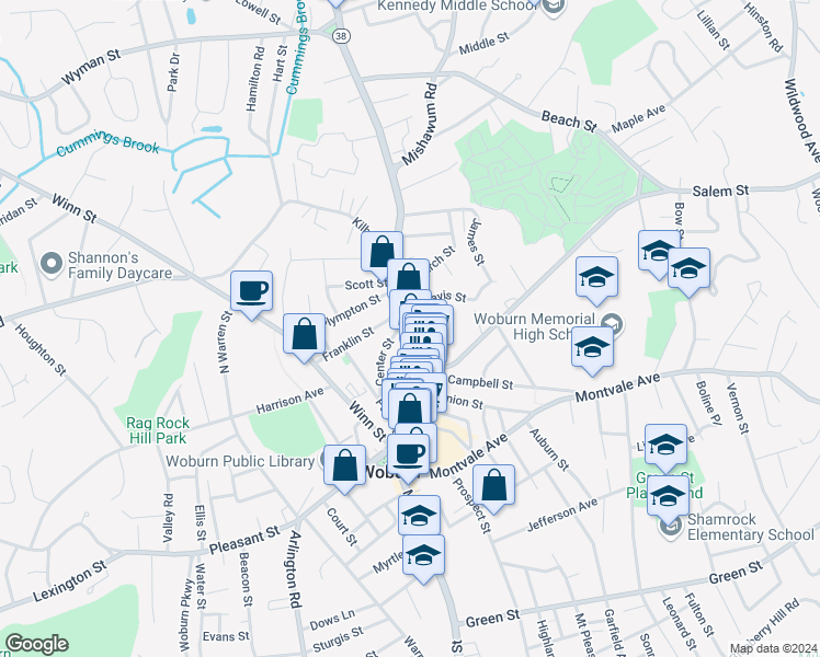 map of restaurants, bars, coffee shops, grocery stores, and more near 505 Main Street in Woburn
