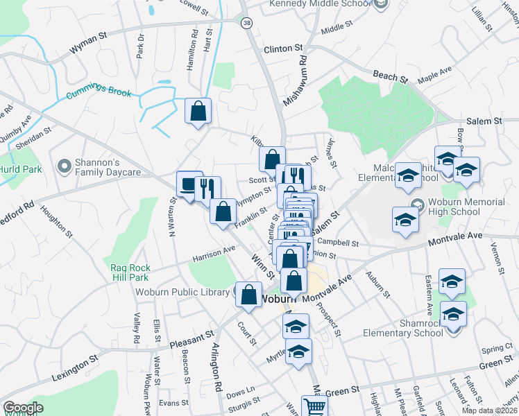 map of restaurants, bars, coffee shops, grocery stores, and more near 33 Franklin Street in Woburn