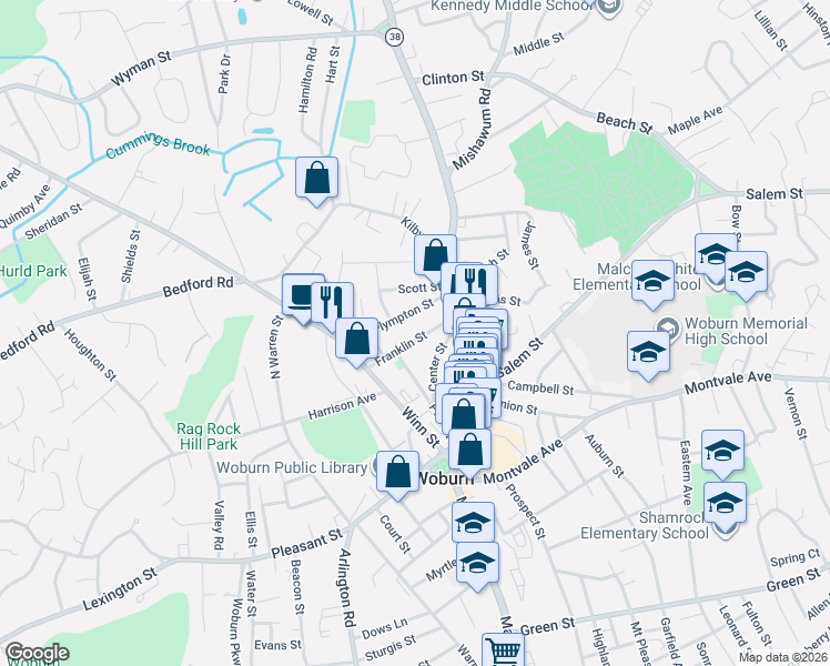 map of restaurants, bars, coffee shops, grocery stores, and more near 33 Franklin Street in Woburn
