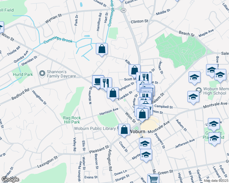map of restaurants, bars, coffee shops, grocery stores, and more near 91R Winn Street in Woburn