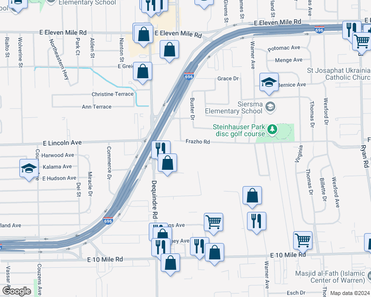 map of restaurants, bars, coffee shops, grocery stores, and more near 1989 Tobsal Court in Warren