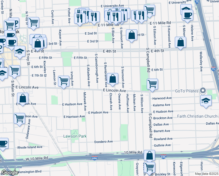 map of restaurants, bars, coffee shops, grocery stores, and more near 1220 East Lincoln Avenue in Royal Oak