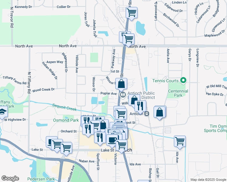 map of restaurants, bars, coffee shops, grocery stores, and more near 744 Main Street in Antioch