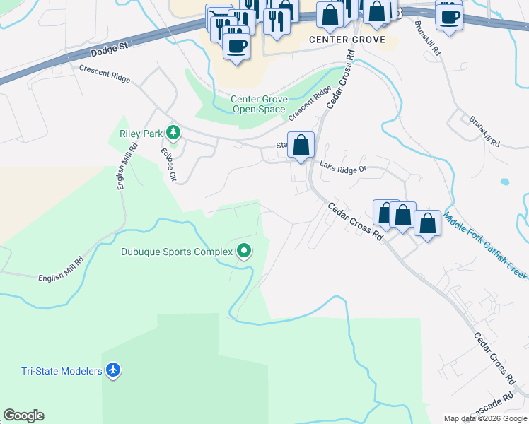 map of restaurants, bars, coffee shops, grocery stores, and more near 3031-6101 Nightengale Lane in Dubuque