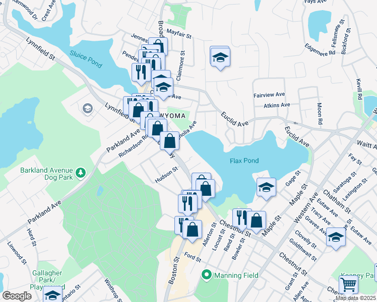 map of restaurants, bars, coffee shops, grocery stores, and more near 426 Broadway in Lynn