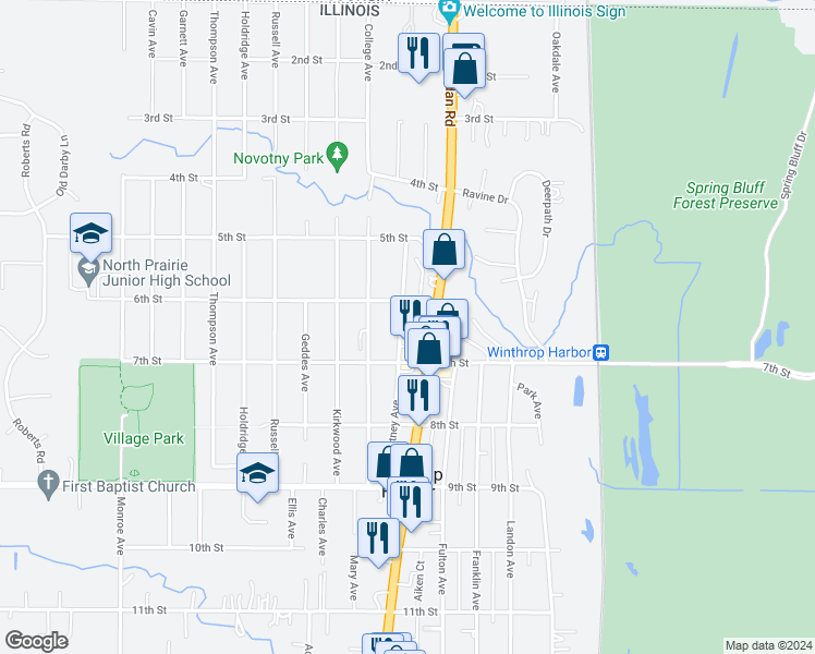 map of restaurants, bars, coffee shops, grocery stores, and more near 617 Whitney Avenue in Winthrop Harbor