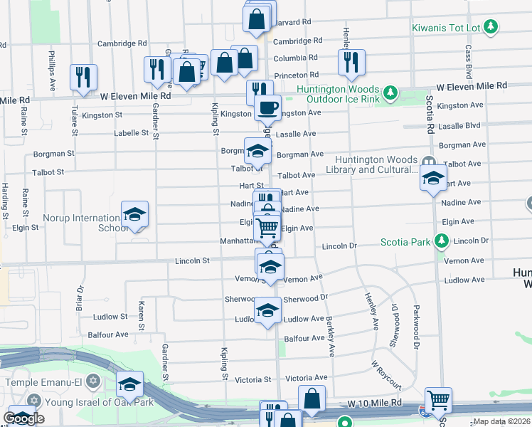 map of restaurants, bars, coffee shops, grocery stores, and more near 26111 Coolidge Highway in Oak Park