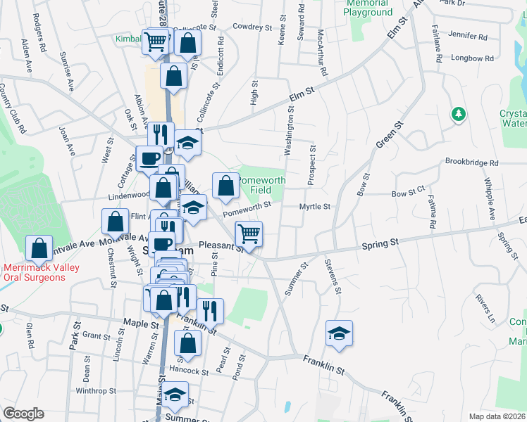 map of restaurants, bars, coffee shops, grocery stores, and more near 22 Washington Street in Stoneham