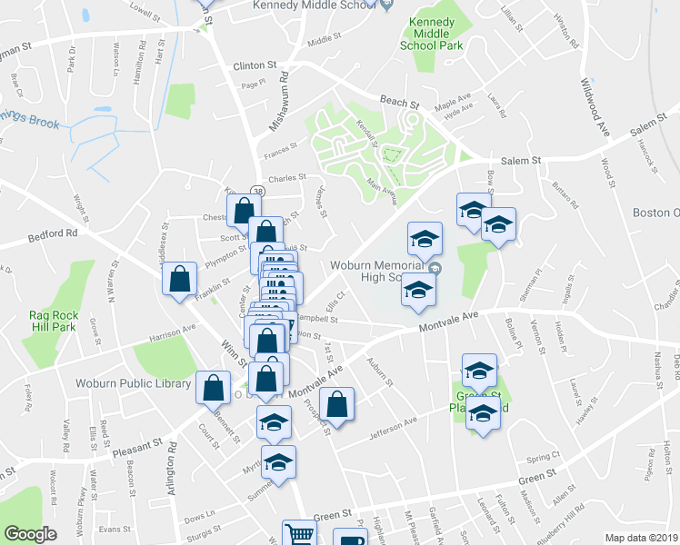 map of restaurants, bars, coffee shops, grocery stores, and more near 1 Wade Avenue in Woburn