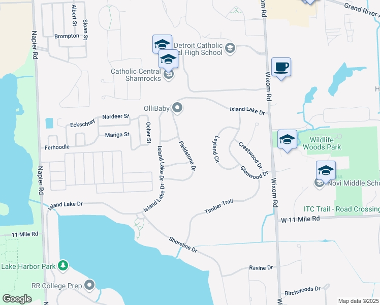 map of restaurants, bars, coffee shops, grocery stores, and more near 26328 Fieldstone Drive in Novi