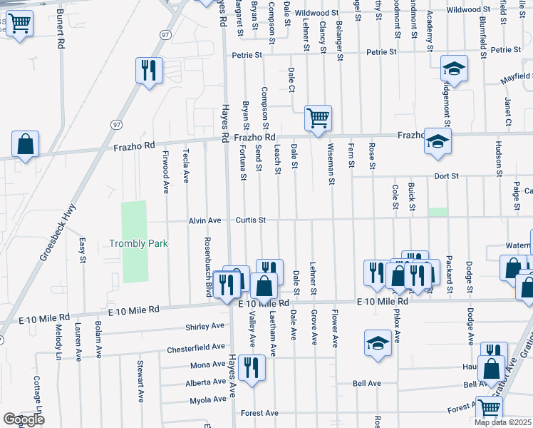 map of restaurants, bars, coffee shops, grocery stores, and more near 25296 Send Street in Roseville