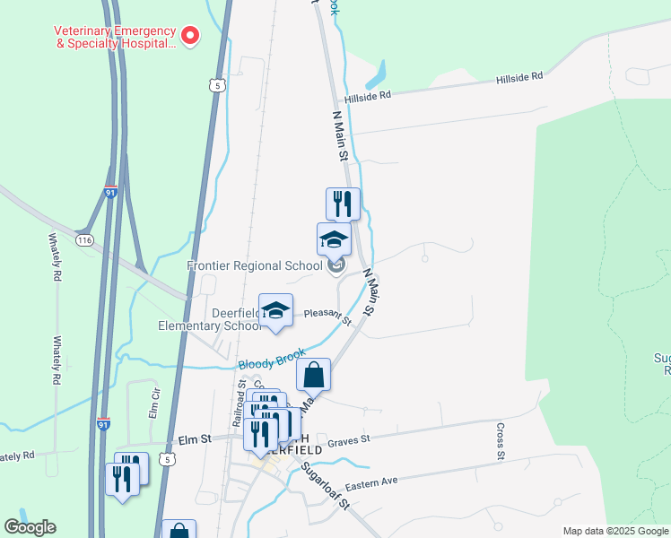 map of restaurants, bars, coffee shops, grocery stores, and more near 113 North Main Street in Deerfield