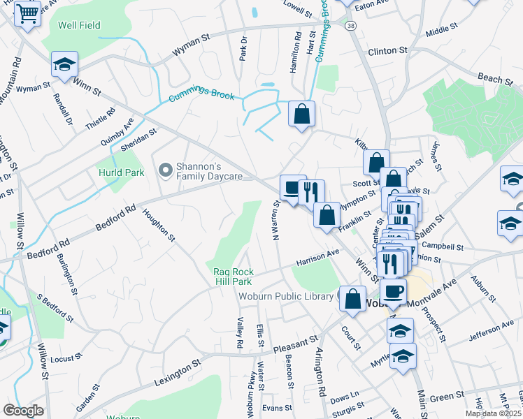 map of restaurants, bars, coffee shops, grocery stores, and more near 80 North Warren Street in Woburn