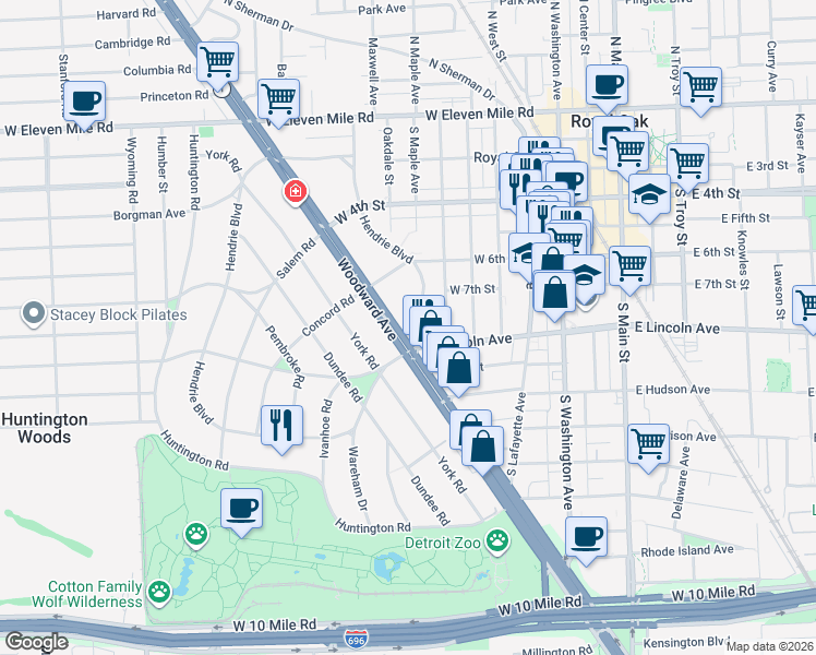 map of restaurants, bars, coffee shops, grocery stores, and more near in Royal Oak