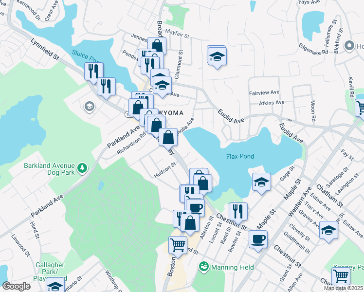 map of restaurants, bars, coffee shops, grocery stores, and more near 409 Broadway in Lynn