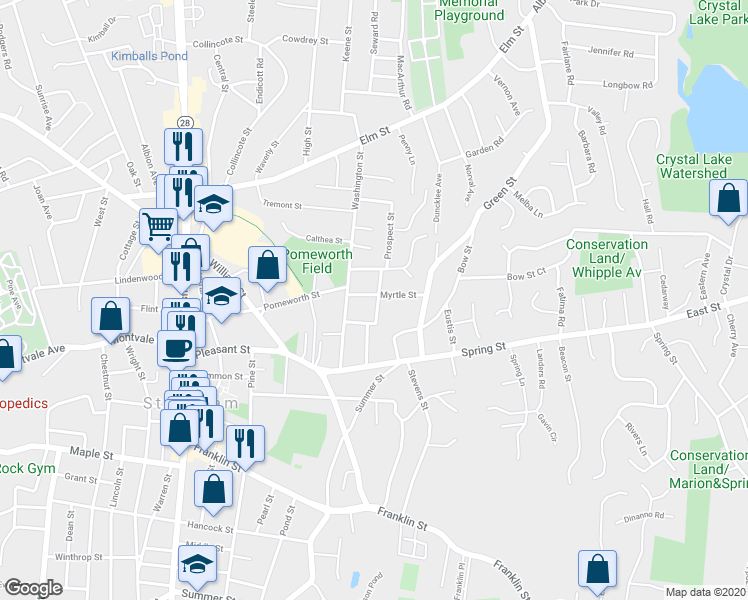 map of restaurants, bars, coffee shops, grocery stores, and more near 8 Avon Street in Stoneham