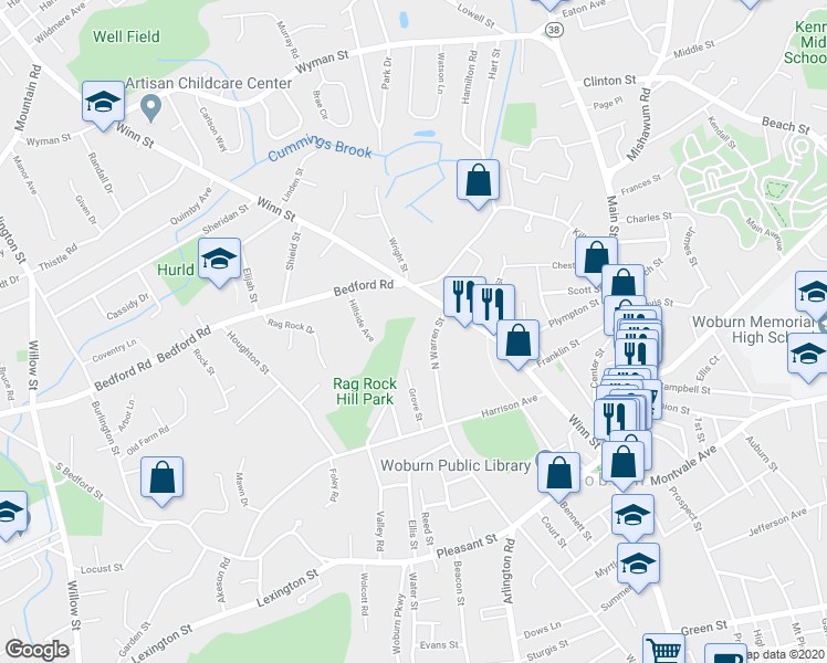 map of restaurants, bars, coffee shops, grocery stores, and more near 80 North Warren Street in Woburn