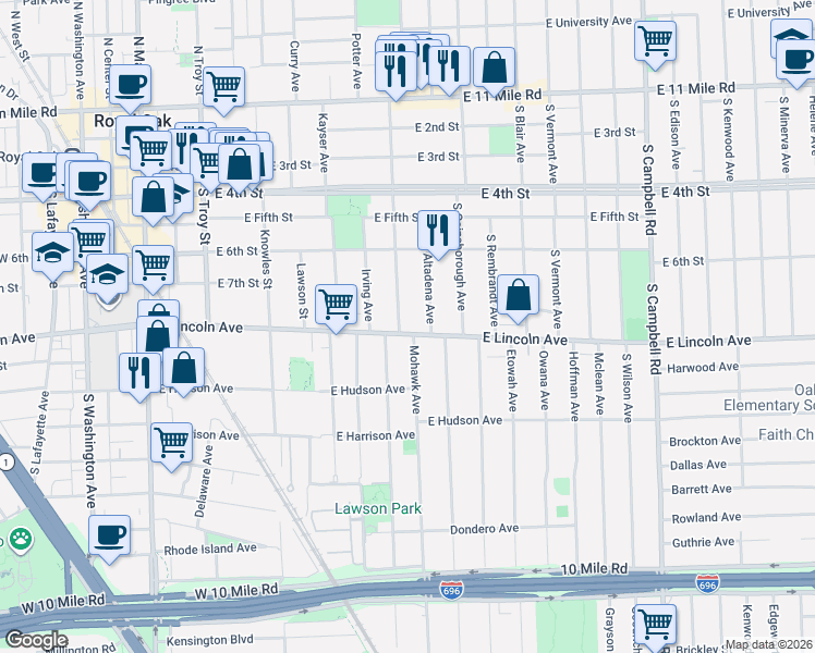 map of restaurants, bars, coffee shops, grocery stores, and more near 902 East Lincoln Avenue in Royal Oak