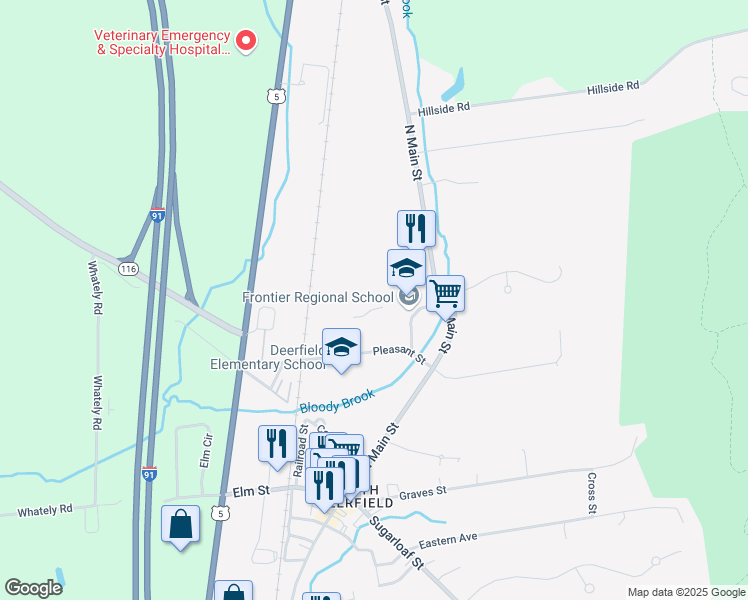 map of restaurants, bars, coffee shops, grocery stores, and more near 113 North Main Street in Deerfield