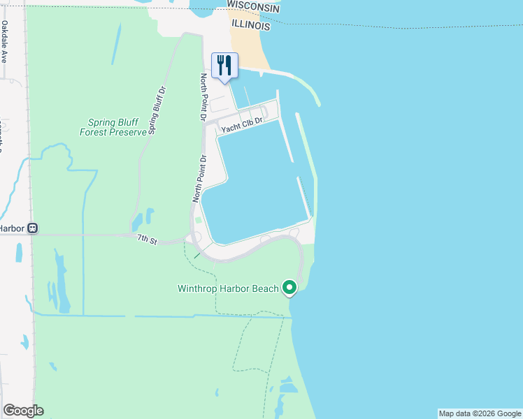 map of restaurants, bars, coffee shops, grocery stores, and more near 701 Laurie Lane in Winthrop Harbor