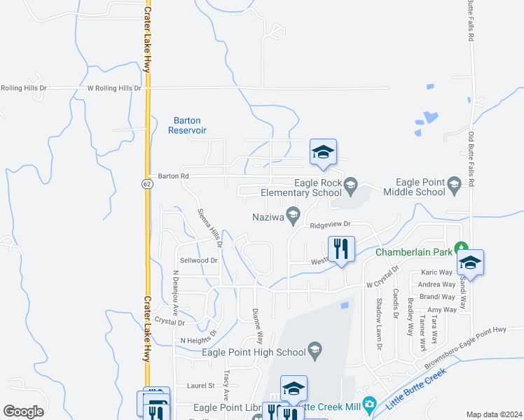 map of restaurants, bars, coffee shops, grocery stores, and more near 213 Northview Drive in Eagle Point