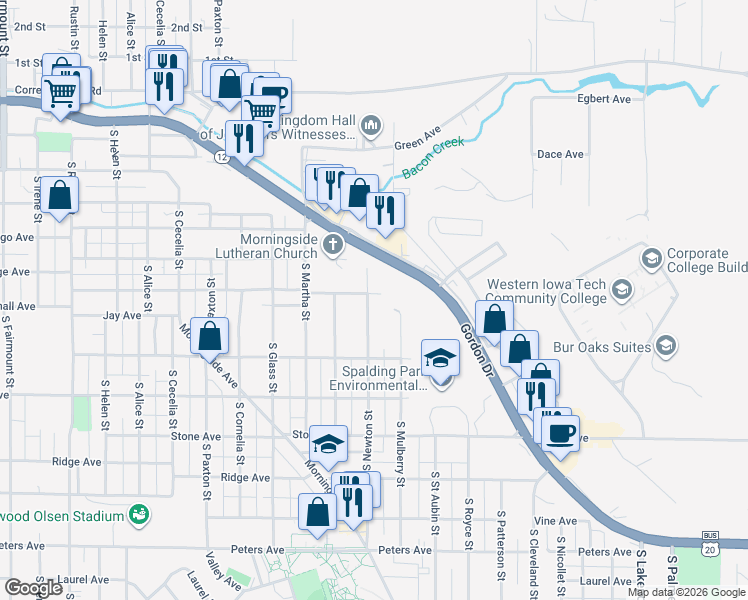 map of restaurants, bars, coffee shops, grocery stores, and more near 800 South Newton Street in Sioux City