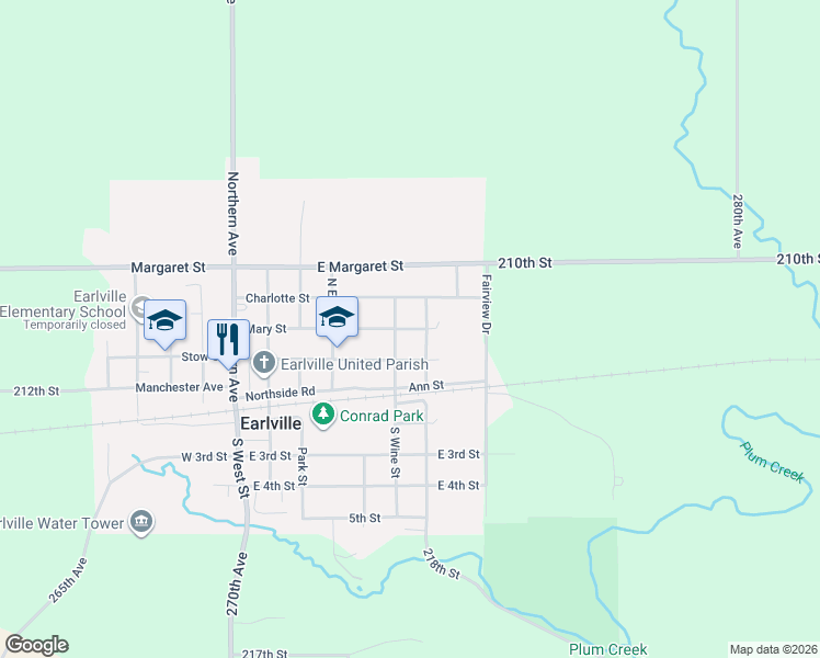 map of restaurants, bars, coffee shops, grocery stores, and more near 200-298 North Wine Street in Earlville