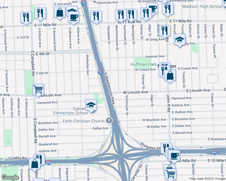 map of restaurants, bars, coffee shops, grocery stores, and more near 732 West Lincoln Avenue in Madison Heights