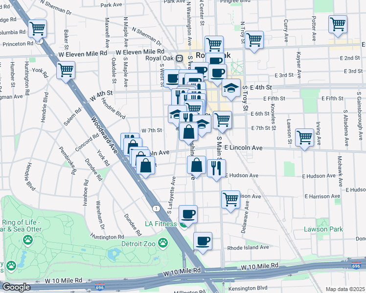 map of restaurants, bars, coffee shops, grocery stores, and more near 806 South Lafayette Avenue in Royal Oak