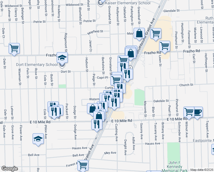map of restaurants, bars, coffee shops, grocery stores, and more near 16620 Curtis Street in Roseville