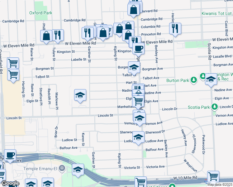 map of restaurants, bars, coffee shops, grocery stores, and more near 14001 Nadine Street in Oak Park