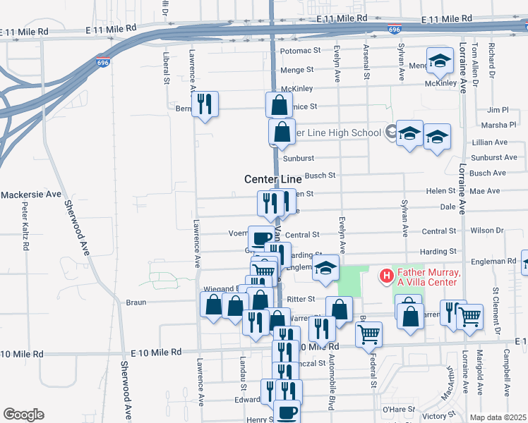 map of restaurants, bars, coffee shops, grocery stores, and more near 7421 Dale in Center Line