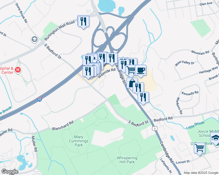 map of restaurants, bars, coffee shops, grocery stores, and more near 5 Wayside Road in Burlington