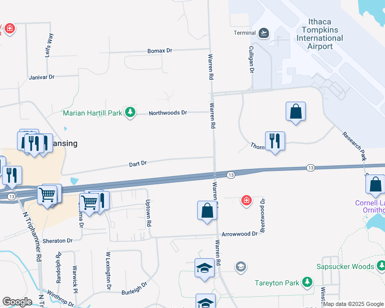 map of restaurants, bars, coffee shops, grocery stores, and more near 58 Dart Drive in Ithaca