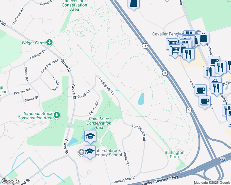 map of restaurants, bars, coffee shops, grocery stores, and more near 49 Turning Mill Road in Lexington