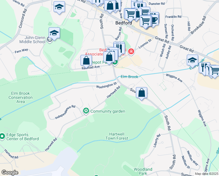 map of restaurants, bars, coffee shops, grocery stores, and more near 27 Hartwell Road in Bedford