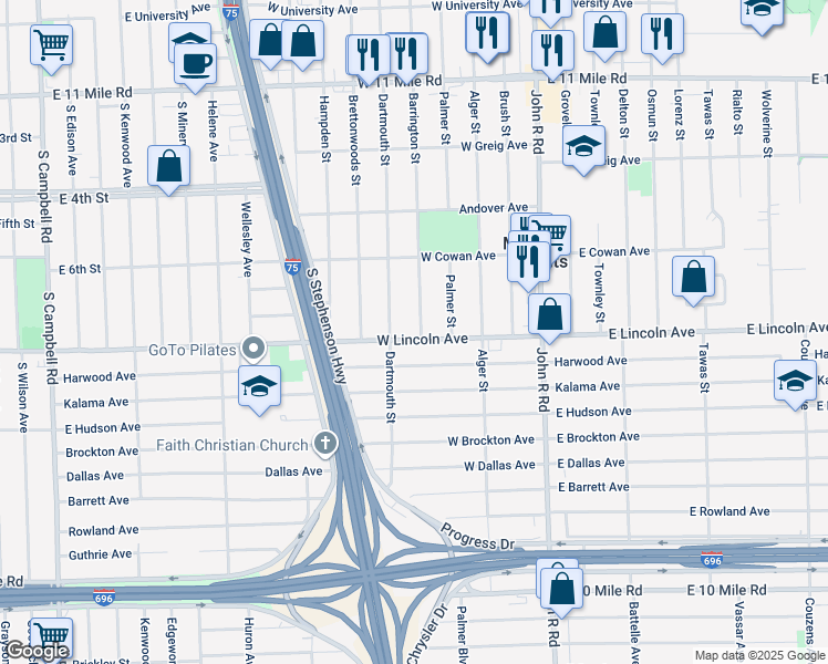 map of restaurants, bars, coffee shops, grocery stores, and more near 497 West Lincoln Avenue in Madison Heights