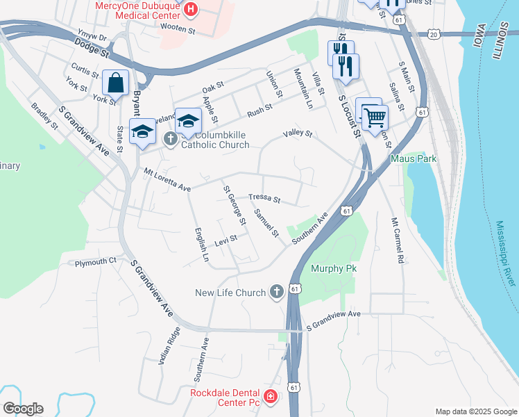 map of restaurants, bars, coffee shops, grocery stores, and more near 581 Samuel Street in Dubuque