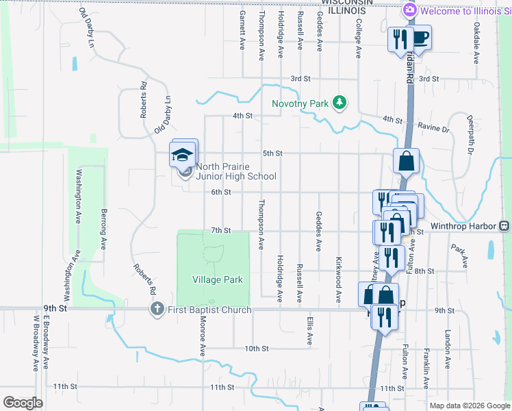 map of restaurants, bars, coffee shops, grocery stores, and more near 631 Thompson Avenue in Winthrop Harbor