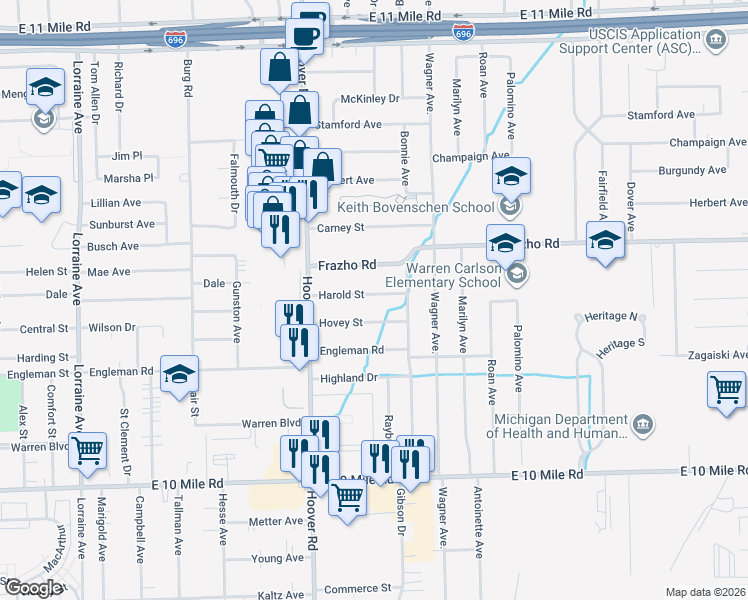 map of restaurants, bars, coffee shops, grocery stores, and more near 11820 Harold Street in Warren