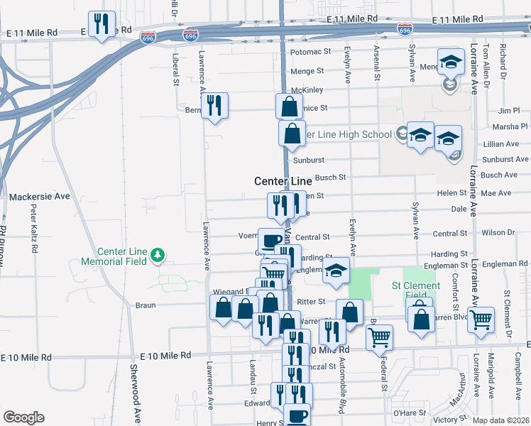 map of restaurants, bars, coffee shops, grocery stores, and more near 7359 Voerner Avenue in Center Line