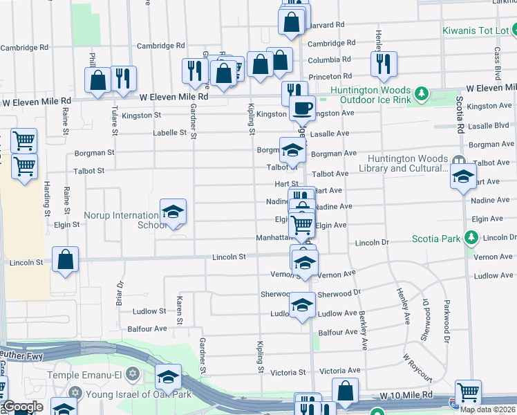 map of restaurants, bars, coffee shops, grocery stores, and more near 13711 Elgin Street in Oak Park