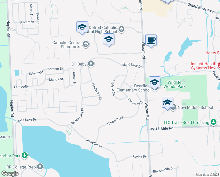 map of restaurants, bars, coffee shops, grocery stores, and more near 49746 Leyland Circle in Novi