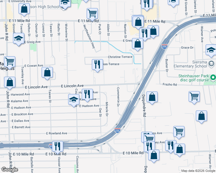 map of restaurants, bars, coffee shops, grocery stores, and more near 1450 East Lincoln Avenue in Madison Heights