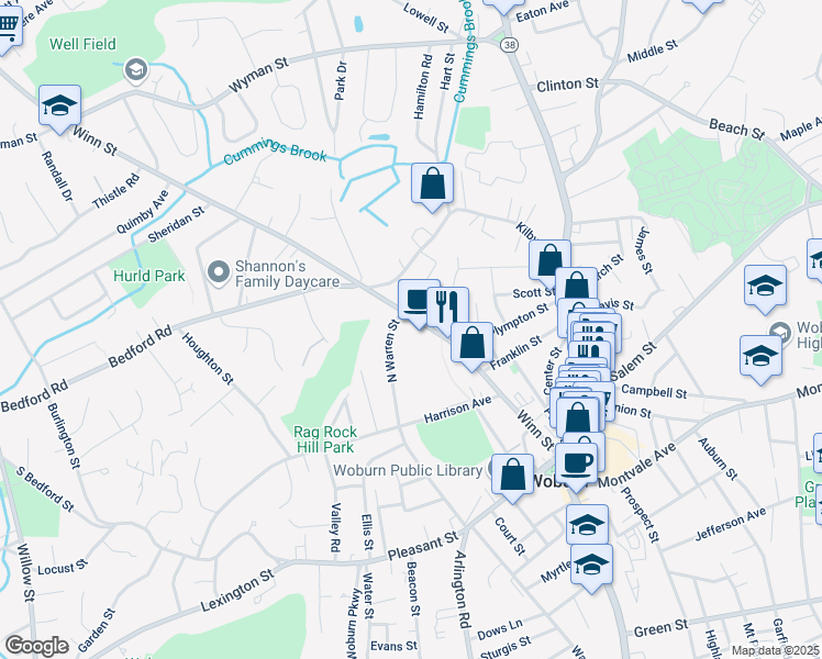 map of restaurants, bars, coffee shops, grocery stores, and more near 110 Winn Street in Woburn