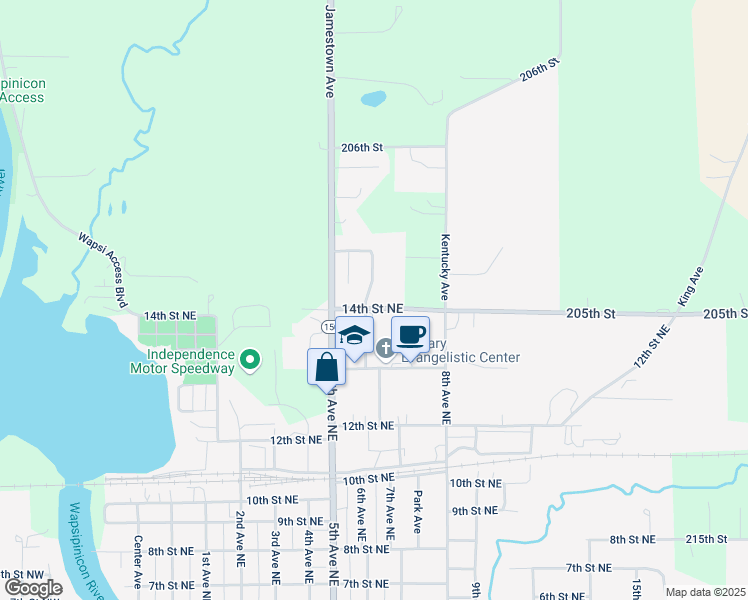 map of restaurants, bars, coffee shops, grocery stores, and more near 14th St NE in Independence